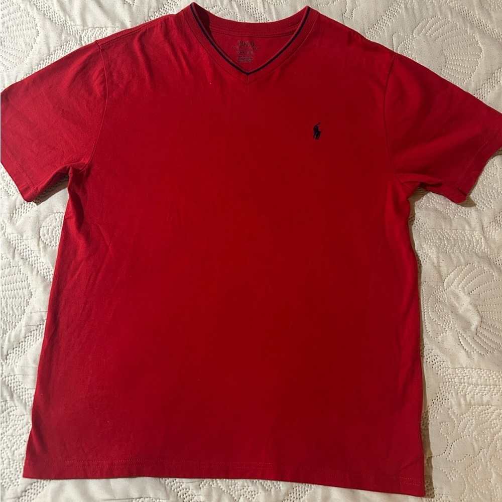 Polo Ralph Lauren Boys Large 14-16 V-Neck T-Shirt Contrast Trim Blue 100%Cotton